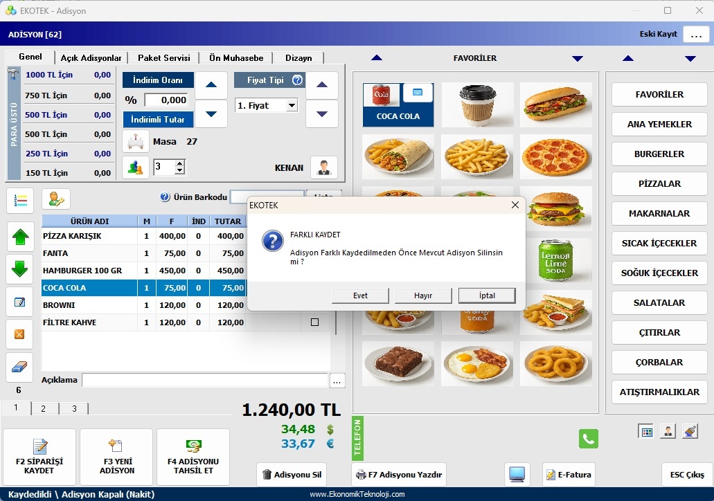 Nakit Satış - Kredi Kartı - Ticket veya Veresiye Olarak Değiştirilebilir.