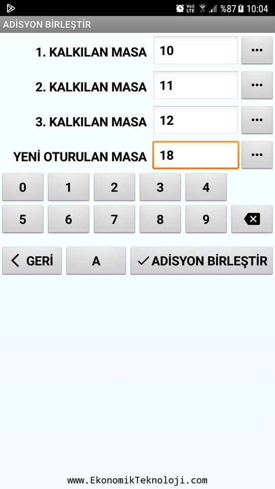 Masaların Adisyonları Birleştirilebilir (Cep Telefonu)