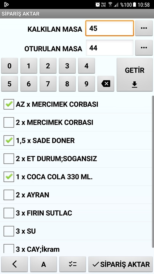 Bir Masadaki Siparişler Diğer Masaya Aktarılabilir (Cep Telefonu)