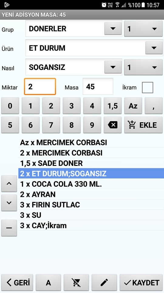 Android Garson - Sipariş Ekranı