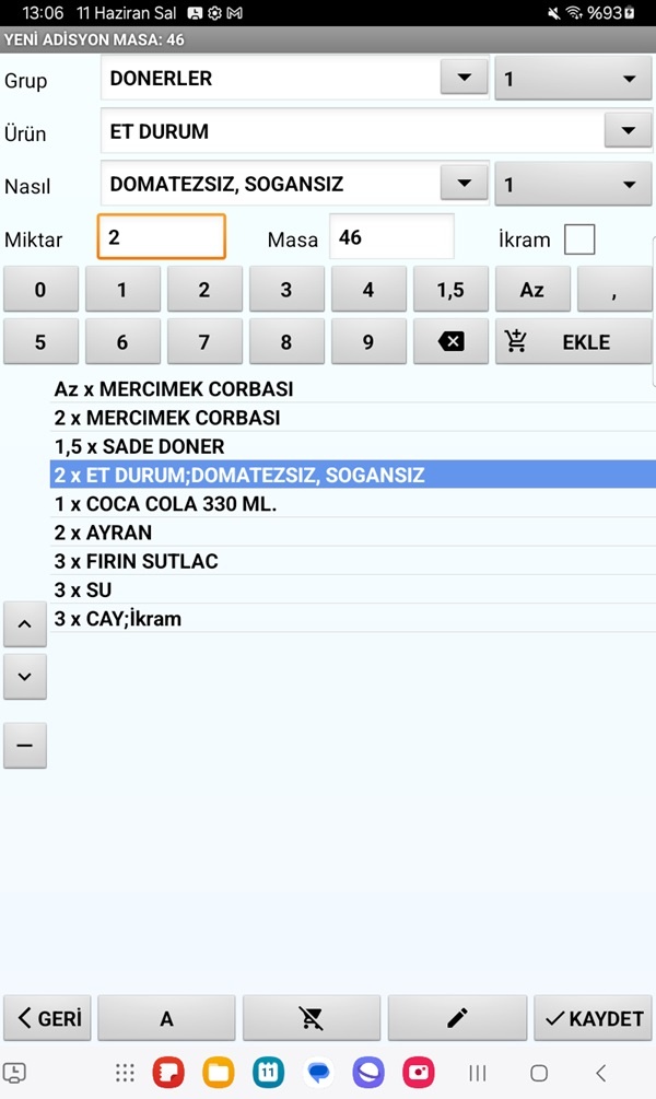 Siparişler Mutfak Yazıcısına Gönderilecektir (Tablet)