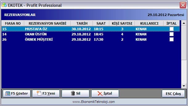 Rezervasyon Listesi