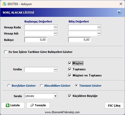Borç Alacak Listesi