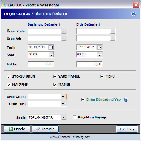 En Çok Satılan Ürünler Raporu Kriterleri