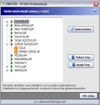 Ürün Gruplarını Sıralama-Gizleme