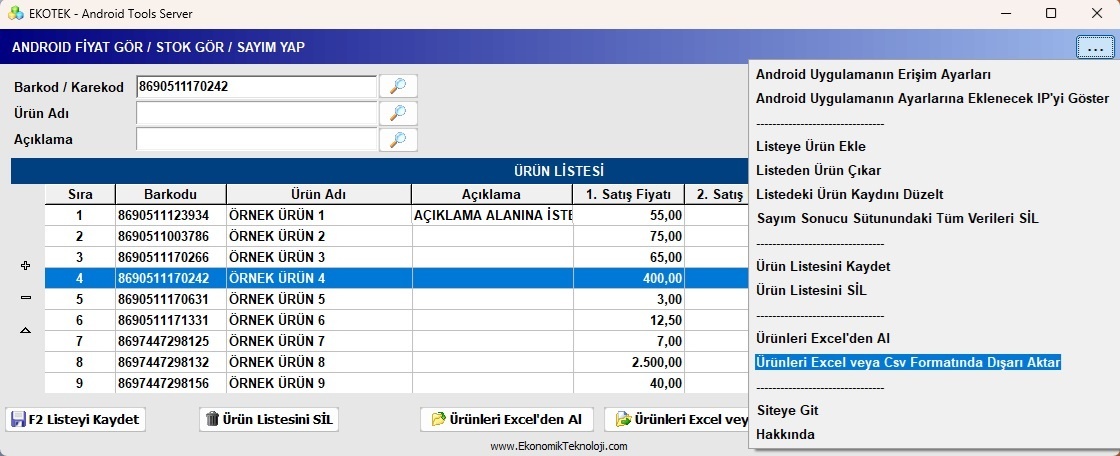Ürün Listesi Menü