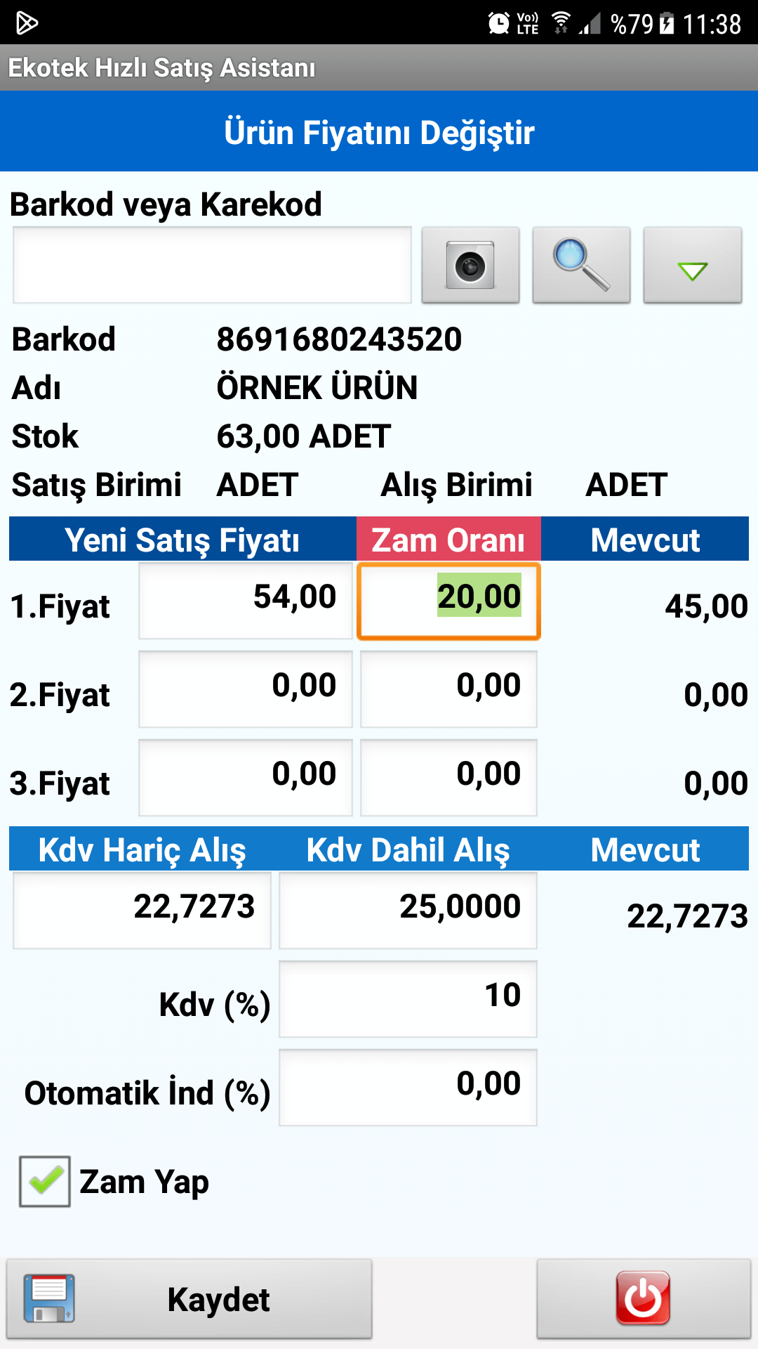 Ürün Fiyatına Zam Yap