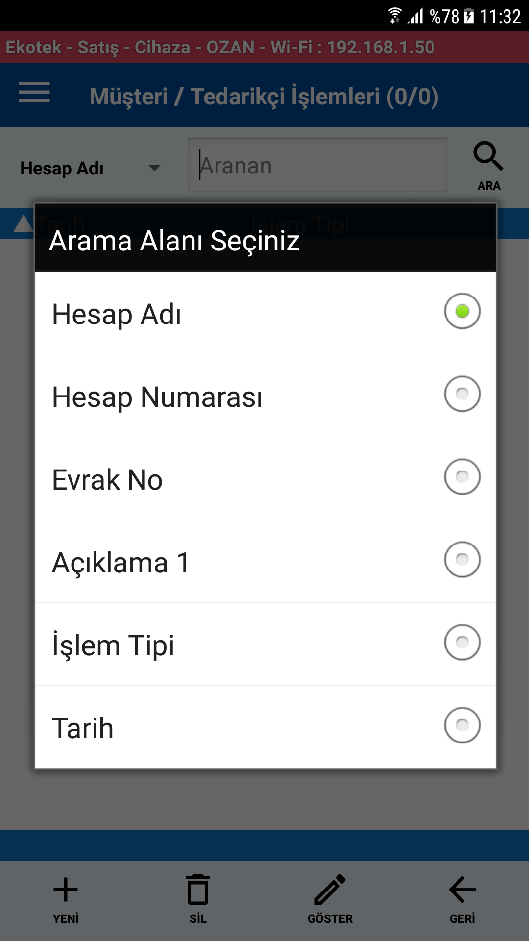 İşlem Arama Alanları