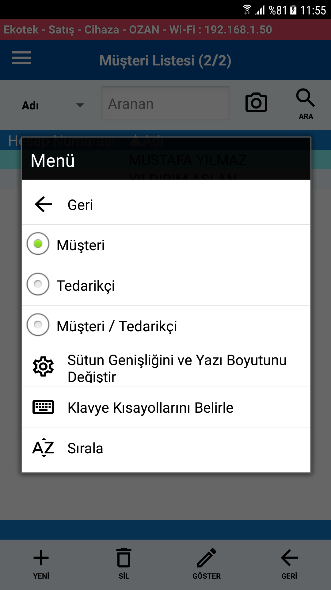 Müşteri Listesi Menü