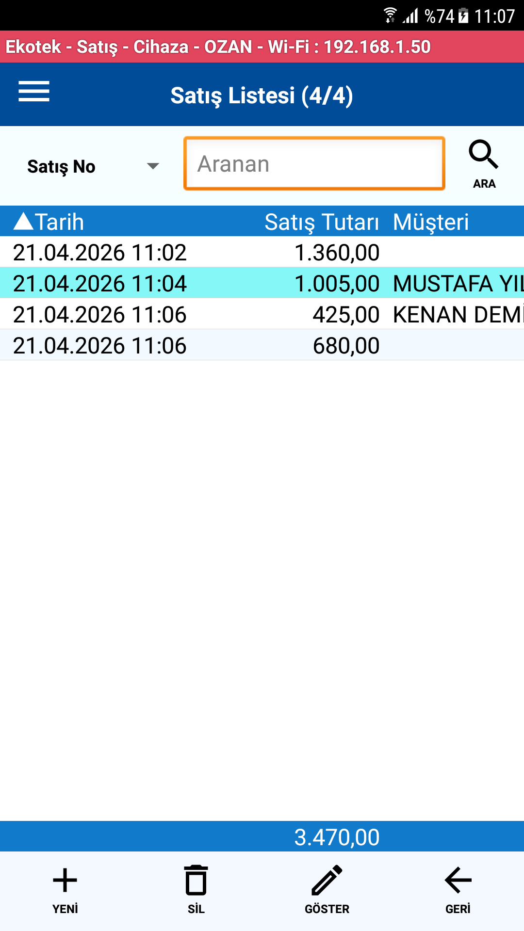 Satış Listesi Dikey