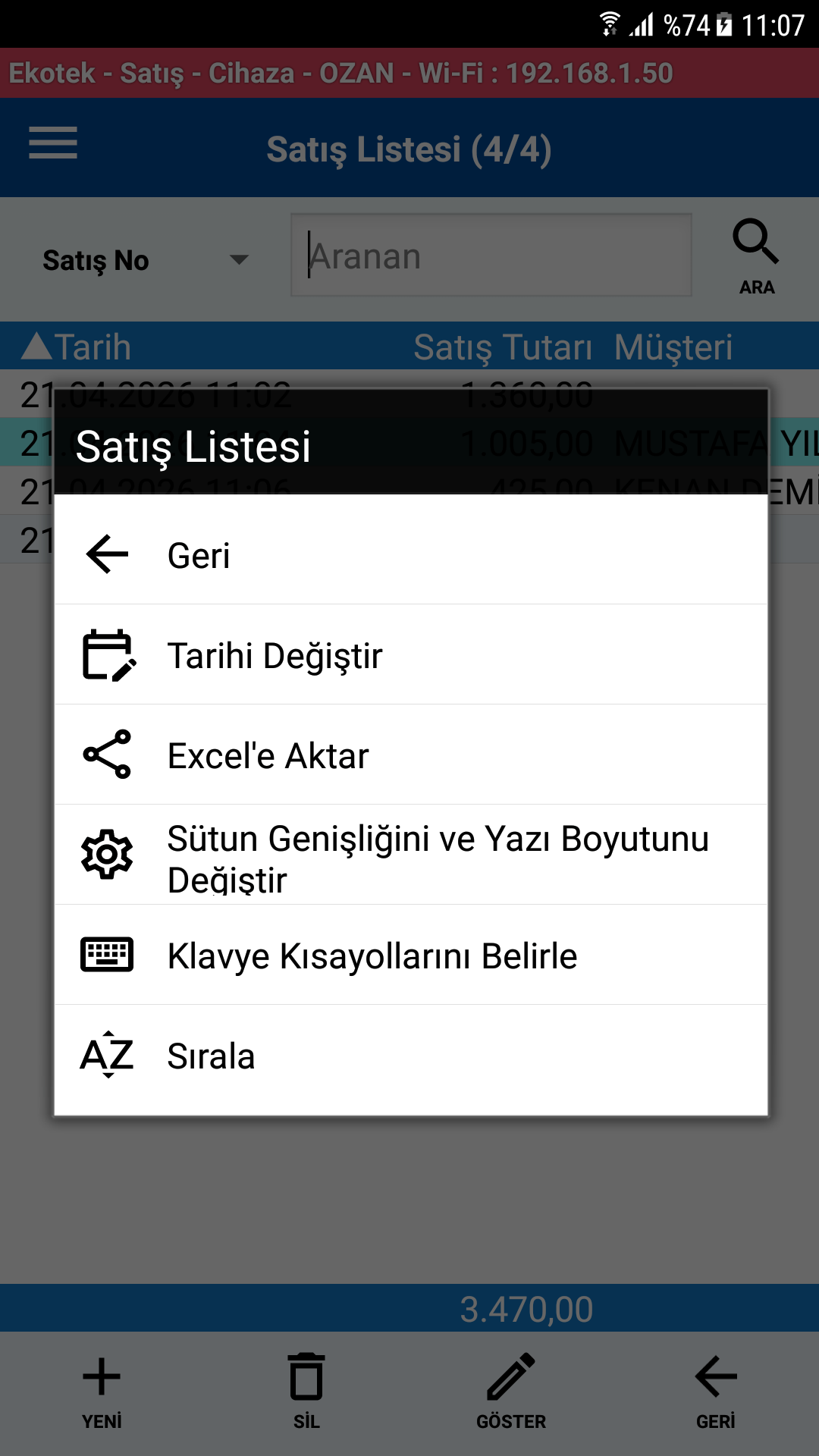 Satış Listesi Menü