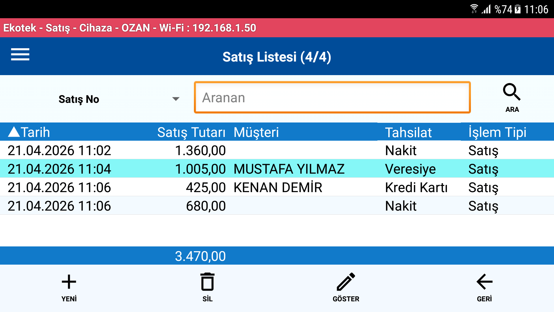 Satış Listesi Yatay