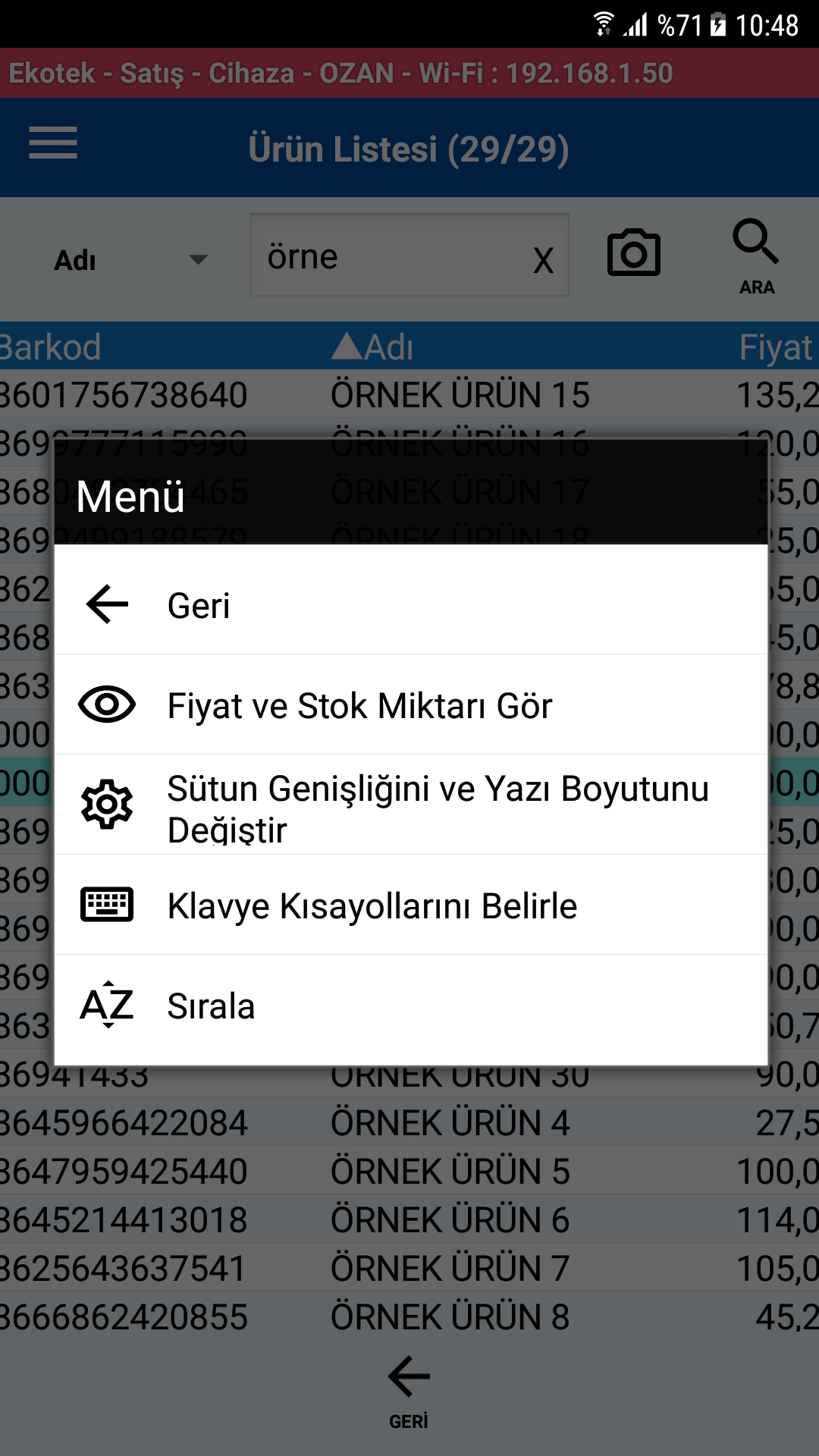 Ürün Listesi Menü