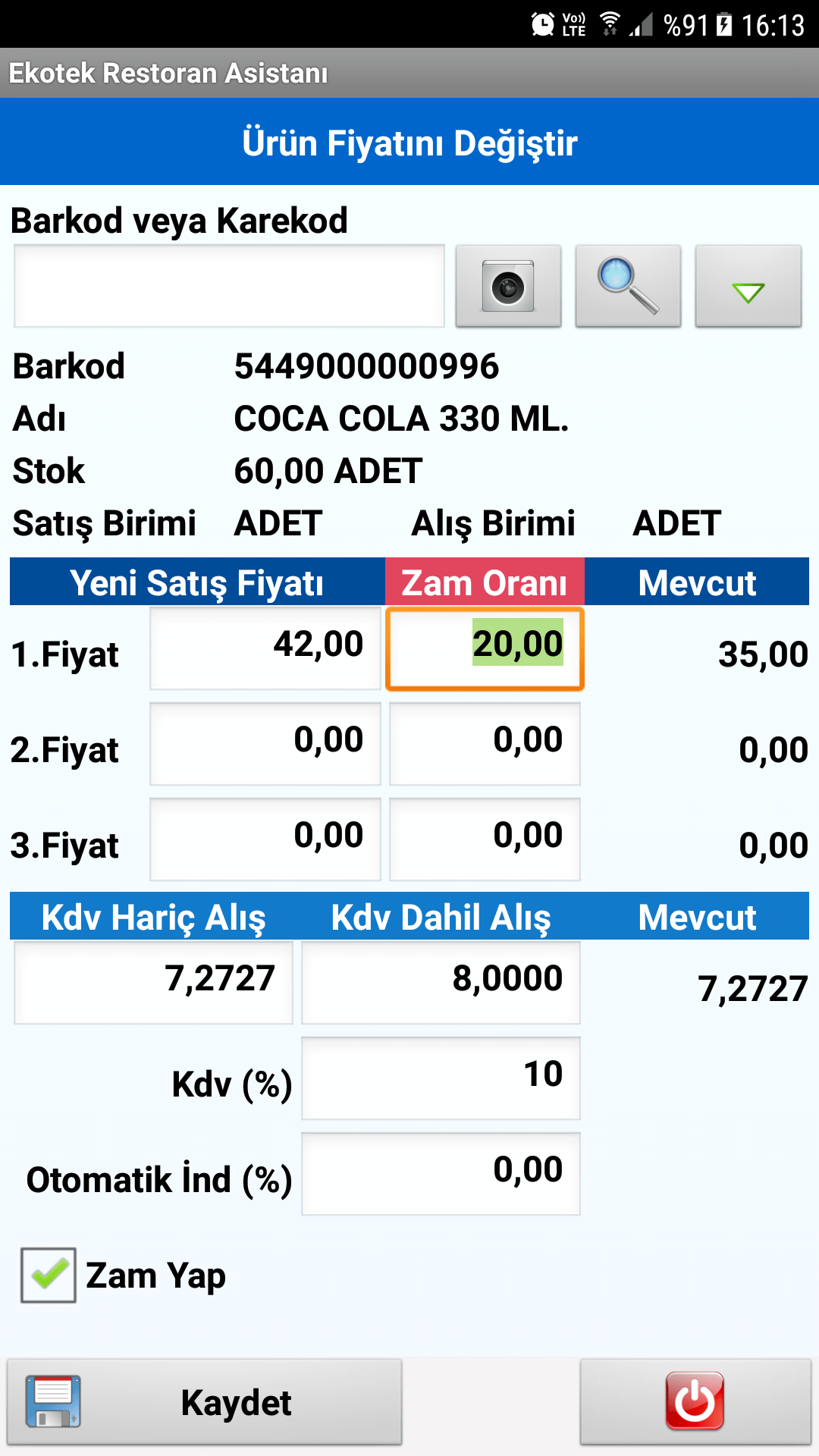 Ürün Fiyatına Zam Yap