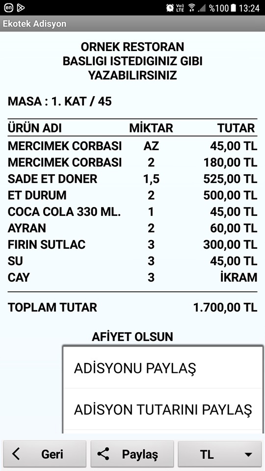 Android Garson - Adisyon Paylaş